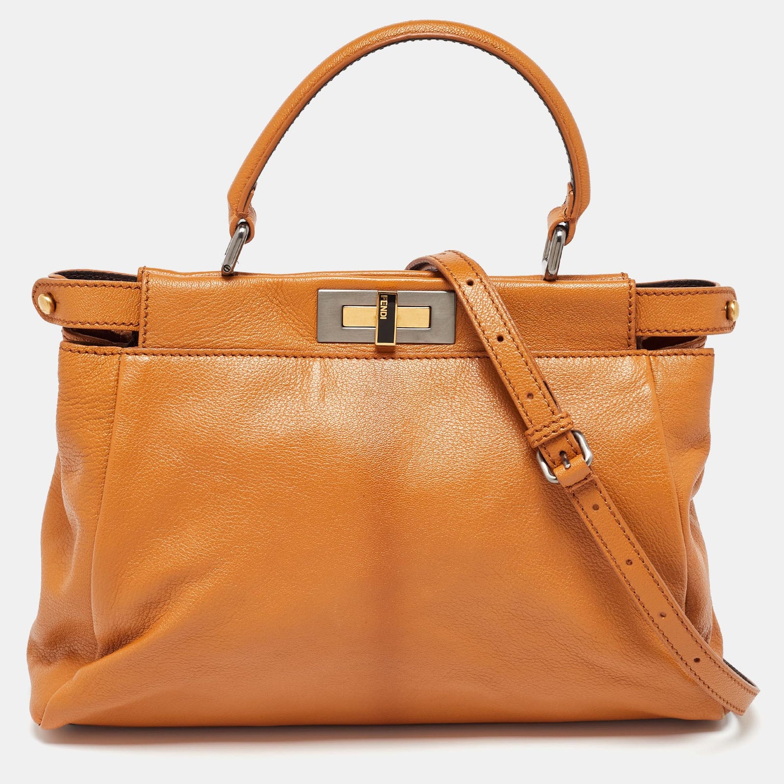 Fendi Mustard Leather Regular Peekaboo Top Handle Bag