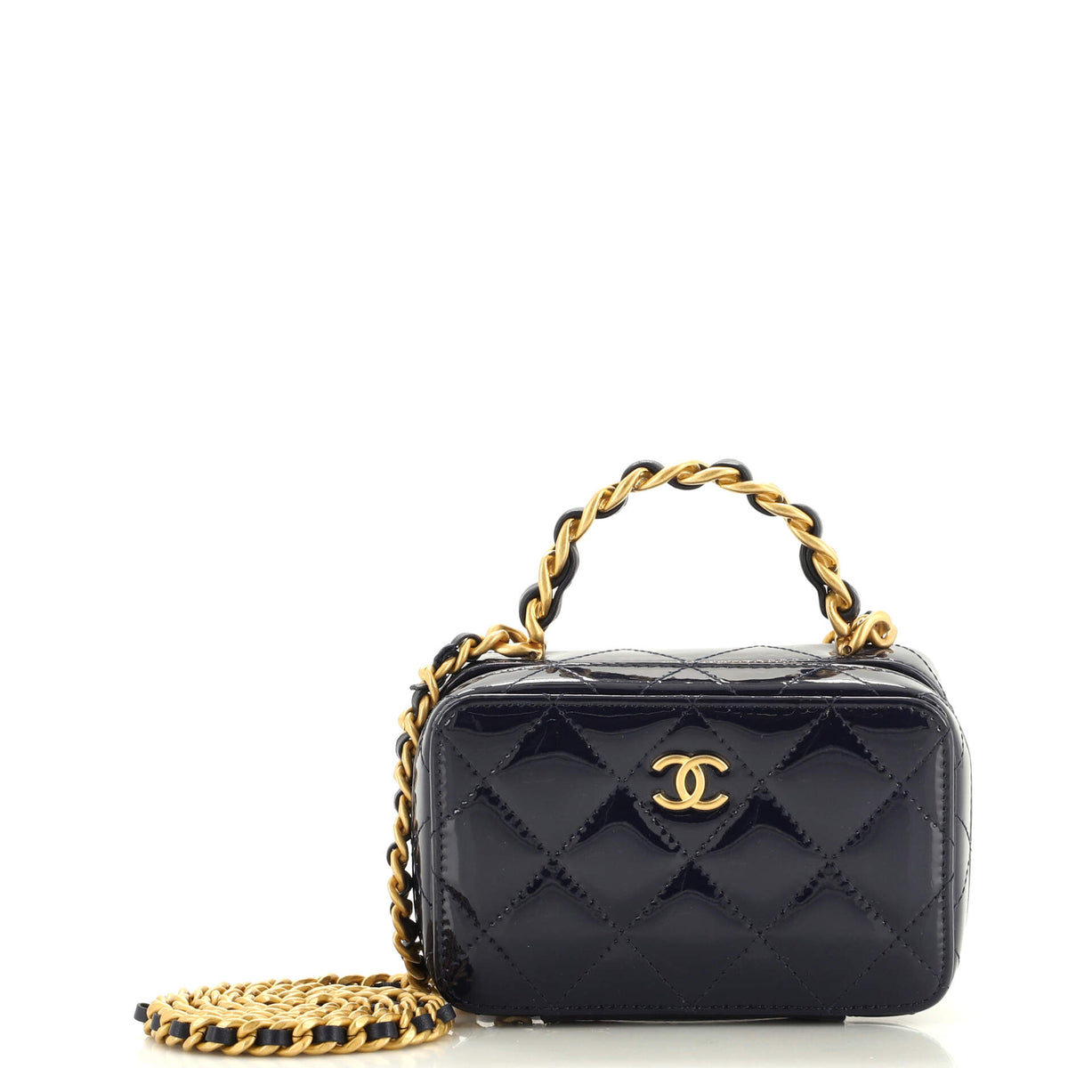 Chanel CHANEL Woven Chain Top Handle Vanity Case Quilted Patent Mini