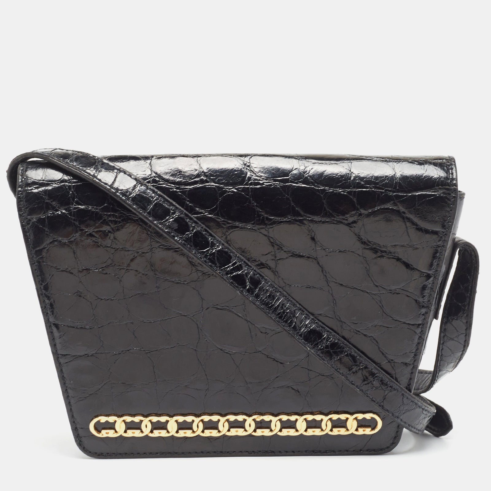 Gucci Black Crocodile Leather Interlocking GG Flap Crossbody Bag