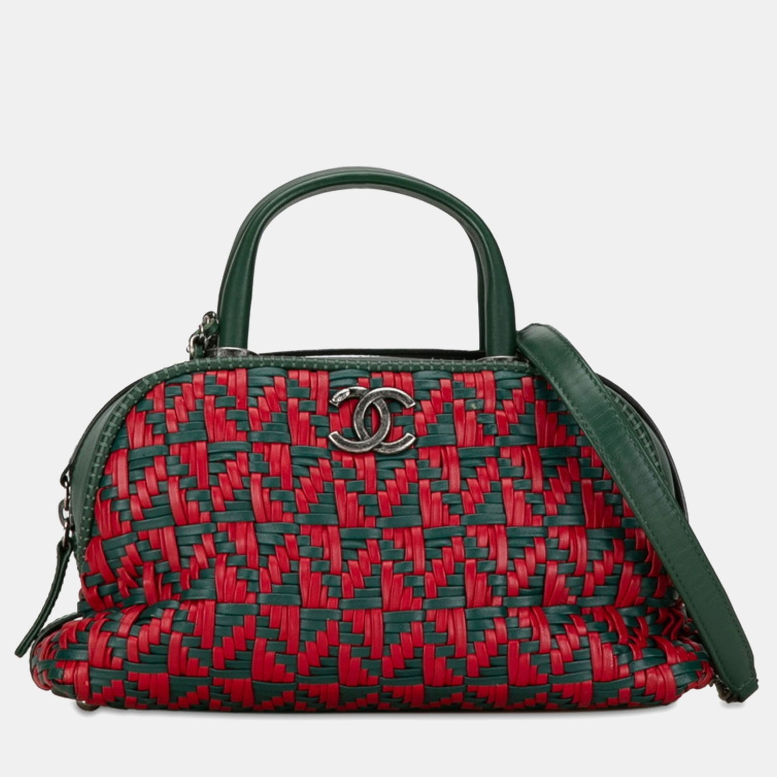 Chanel Sac bowling en cuir de veau tressé vert/rouge