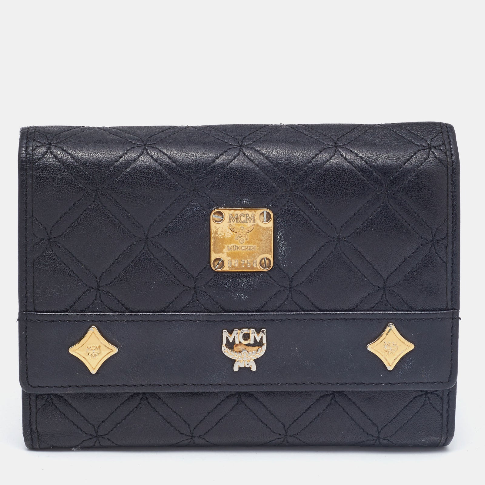 MCM Black Quilted Leather Embellished Flap Compact Wallet