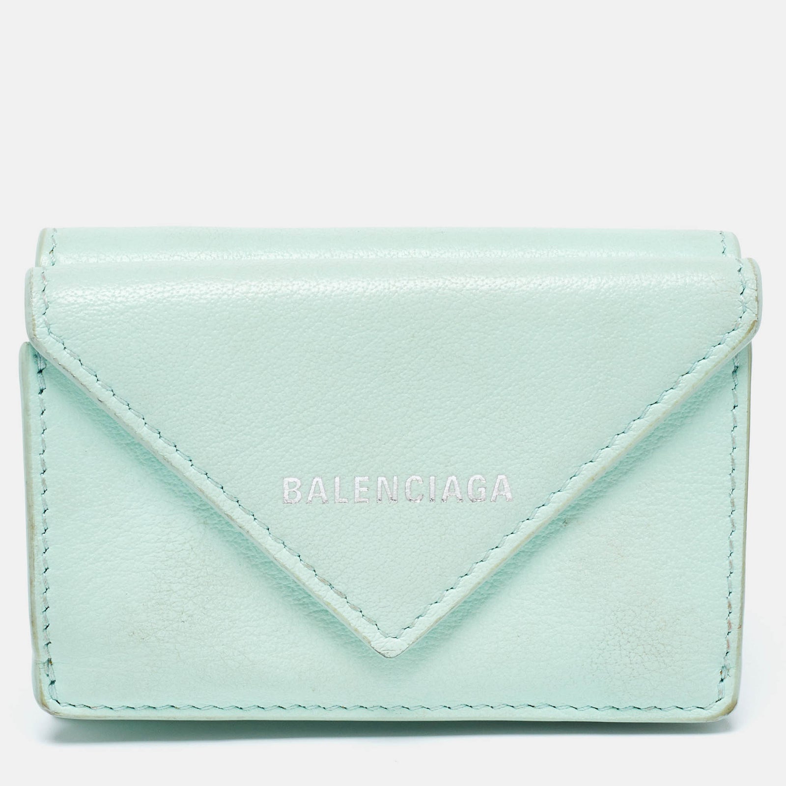 Balenciaga Mint Green Leather Mini Papier Wallet