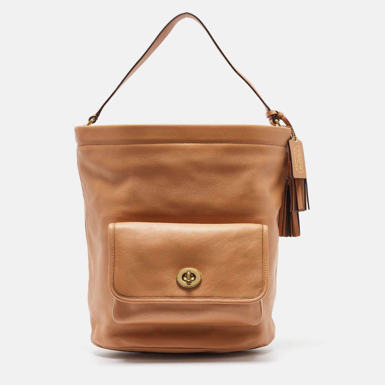 Coach Beige Leather Legacy Tassel Bucket Bag