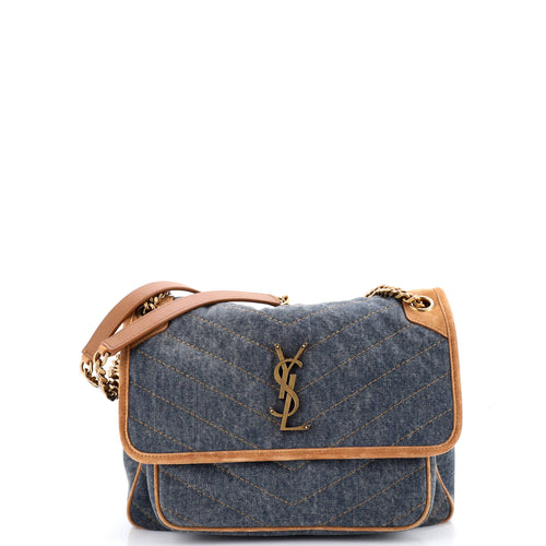 Niki Chain Flap Bag Matelasse Chevron Denim with Suede Medium