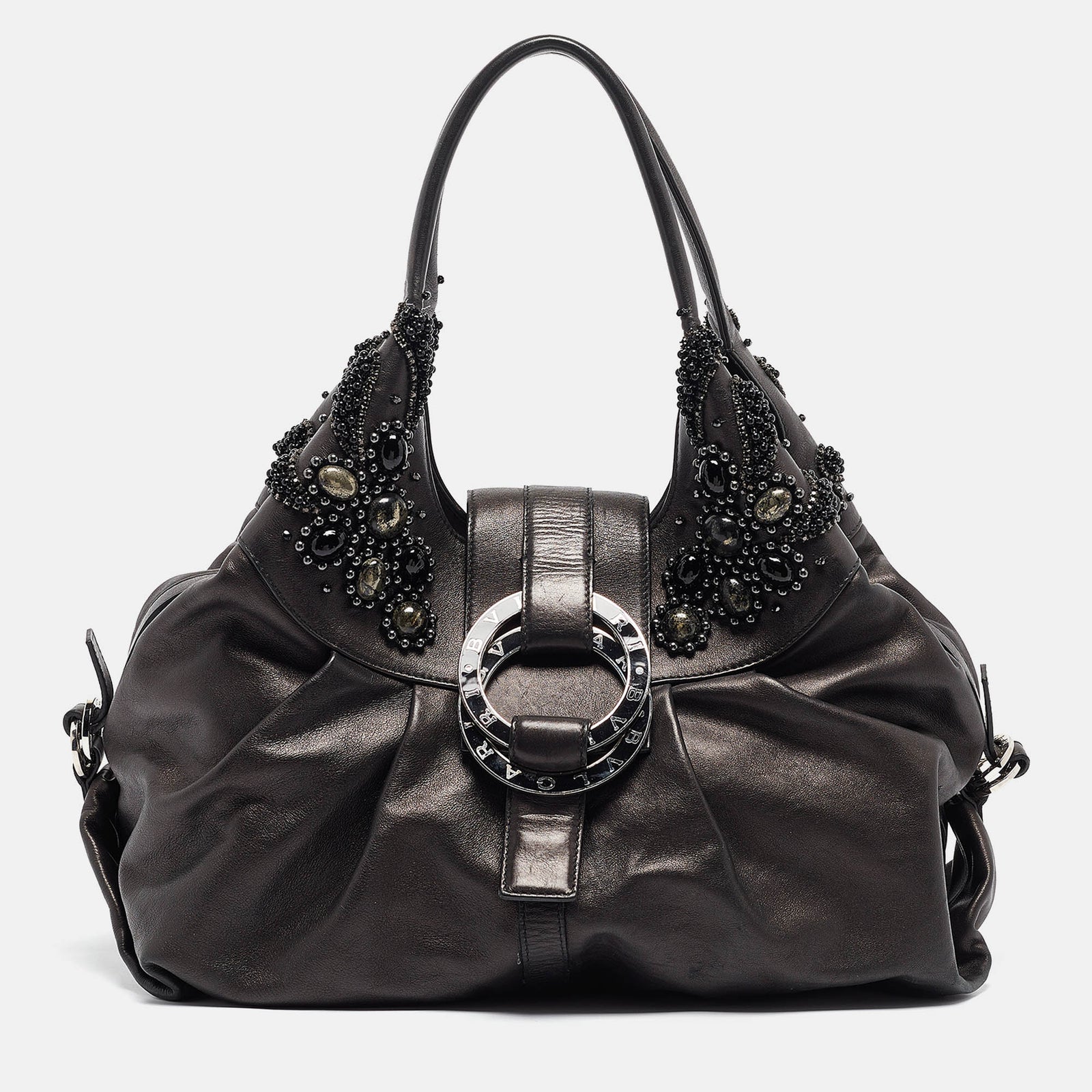 Bvlgari Black Leather Crystals Embellished Chandra Hobo