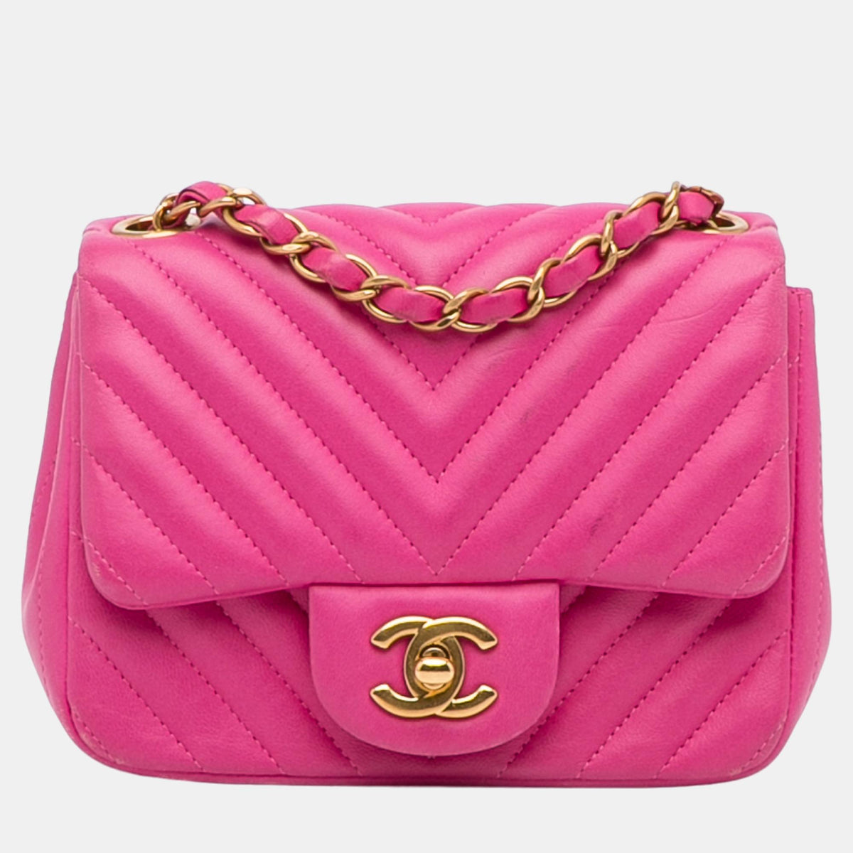 Chanel Pink Mini Square Classic Lambskin Chevron Flap