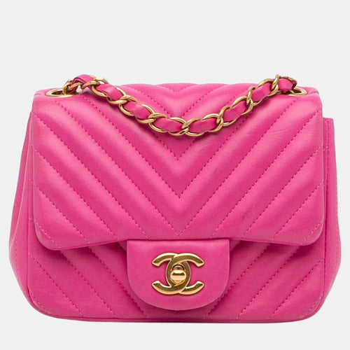 Pink Mini Square Classic Lambskin Chevron Flap