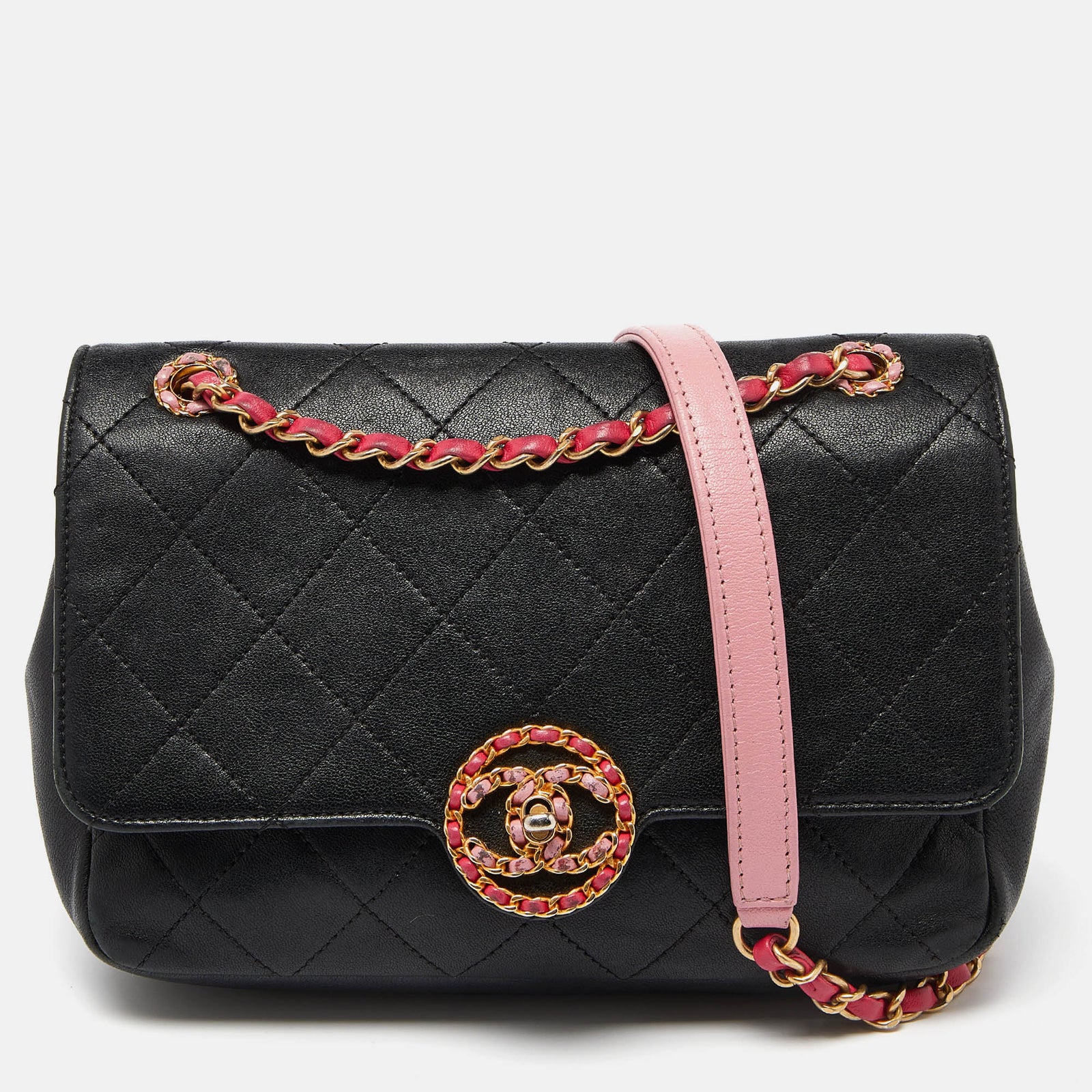 Chanel Schwarz/rosa gesteppte Schultertasche aus Leder mit CC-Kette und Logo