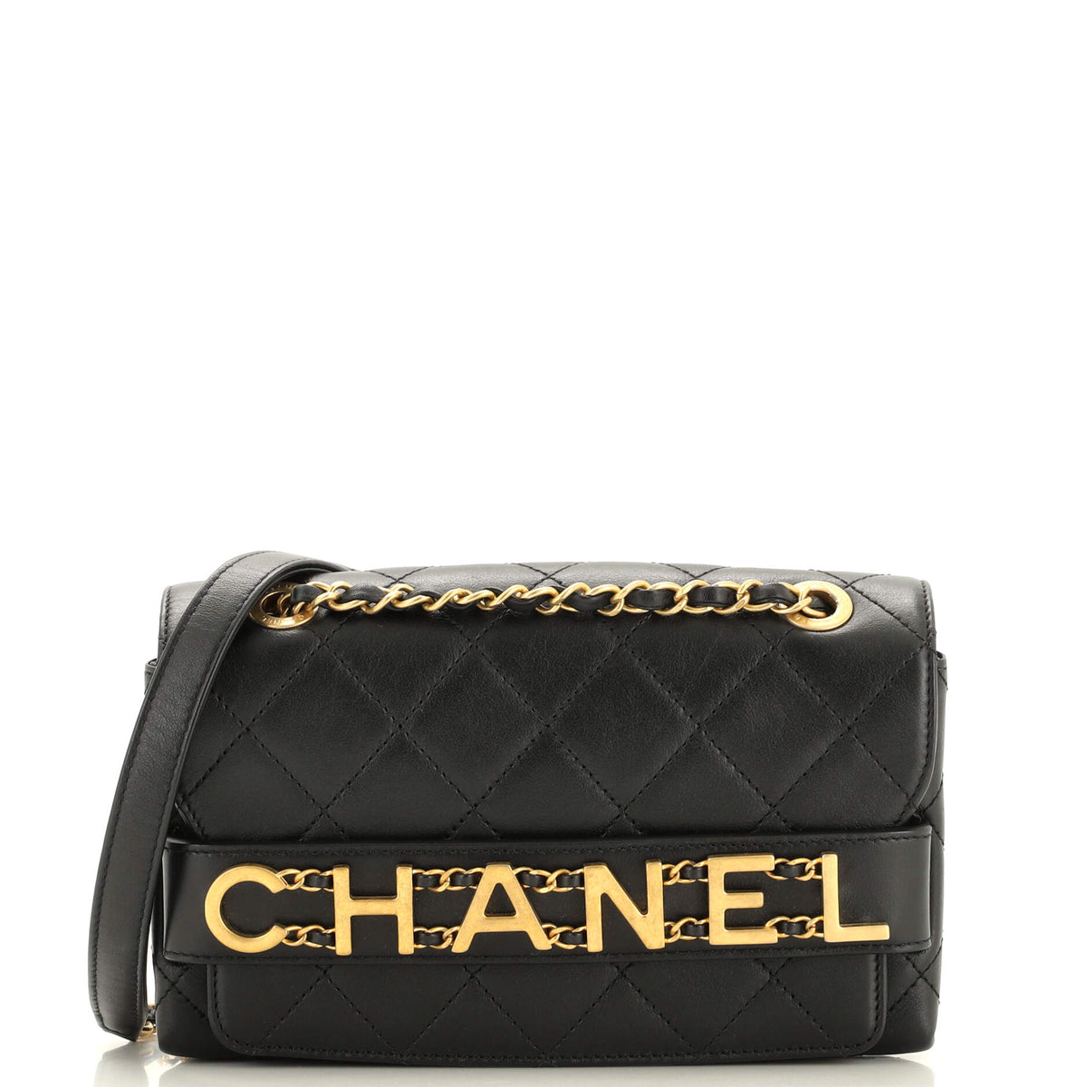 Chanel CHANEL Logo Enchained Flap Bag Quilted Calfskin Medium