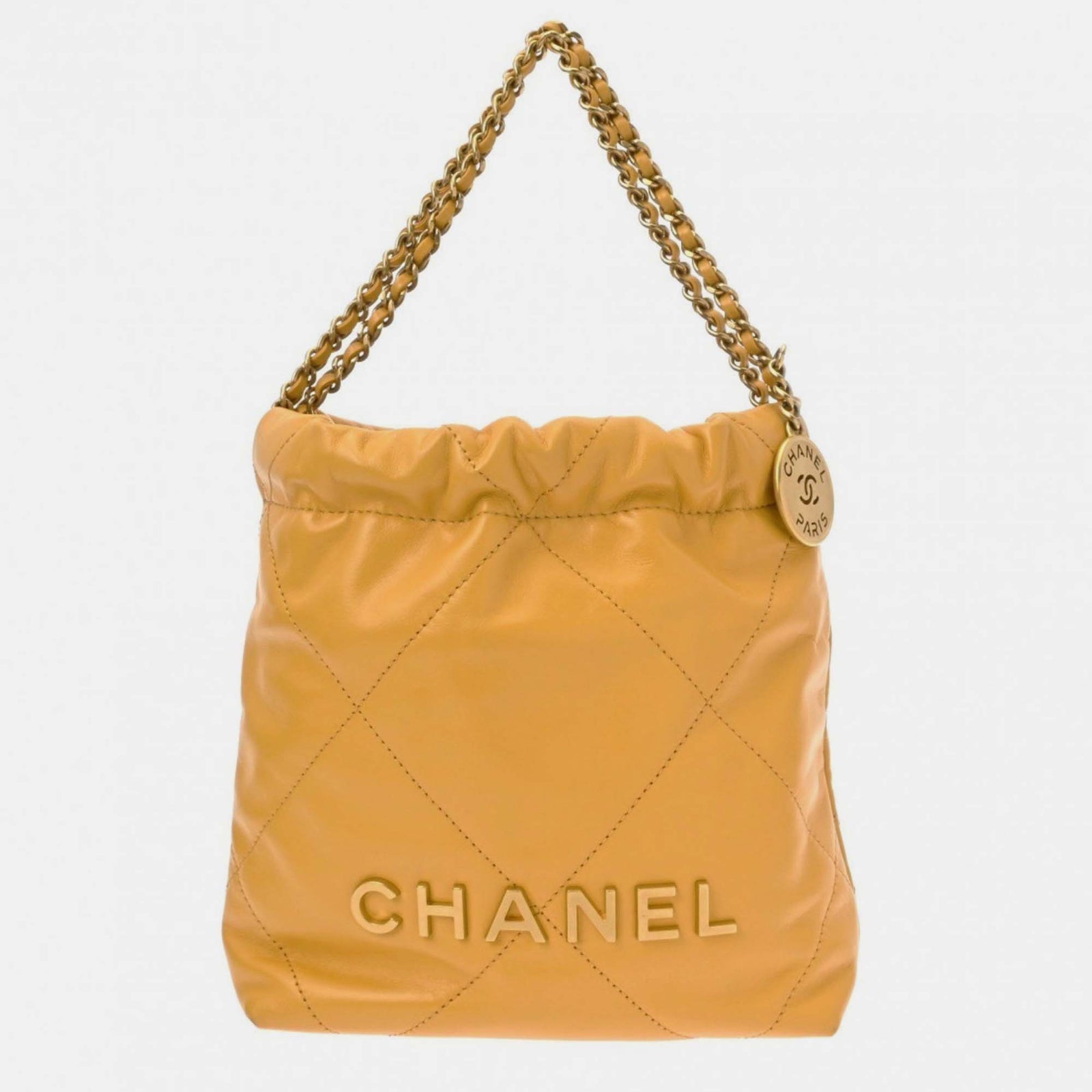 Chanel Gelbe Schultertasche „22 Chain“ aus glänzendem Kalbsleder