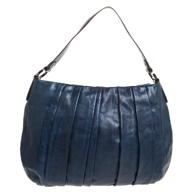 DKNY Navy Blue Pleated Leather Floral Chain Detail Hobo