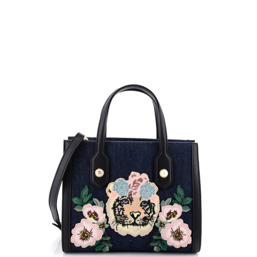 GUCCI Tiger Pearl Tote Embroidered Denim Small