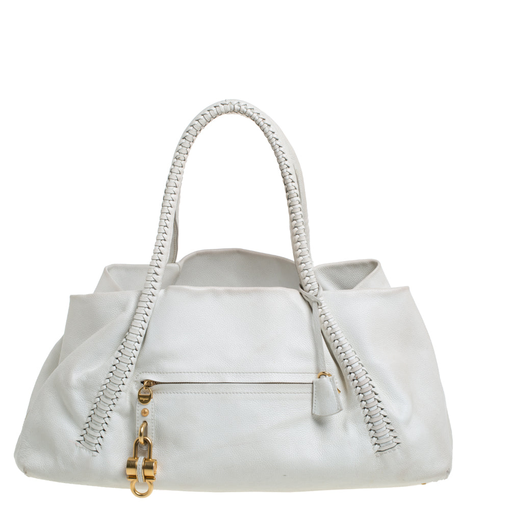 Salvatore Ferragamo White Leather Front Pocket Satchel