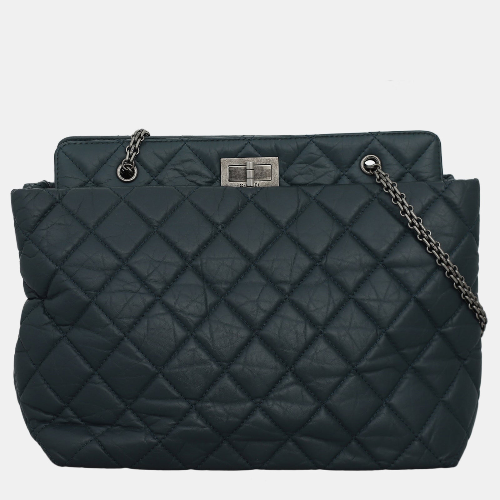 Chanel Dunkelblaue Tote-Tasche „Reissue 2.55“ aus gestepptem, gealtertem Kalbsleder