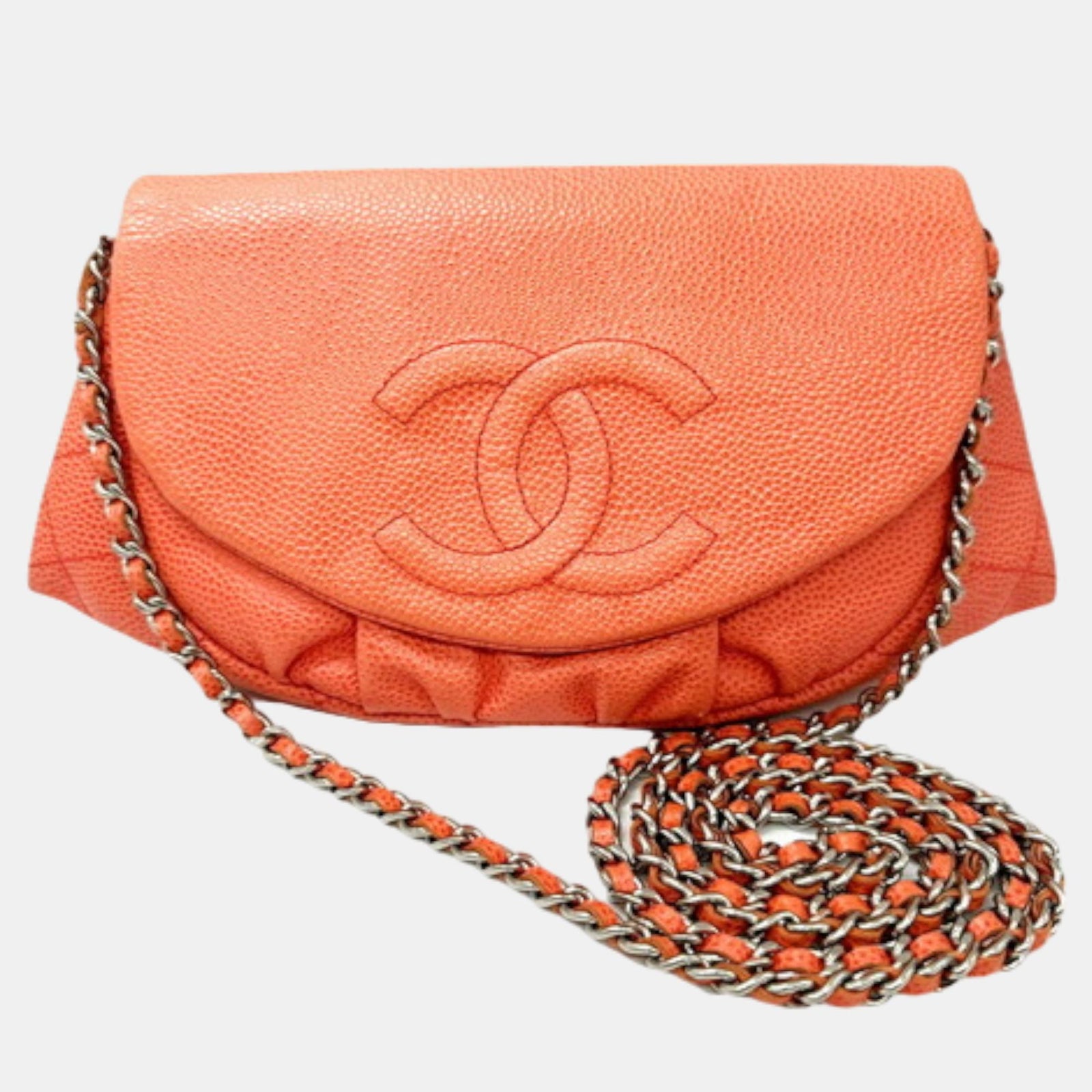 Chanel Orange Caviar Leather Half Moon Wallet on Chain