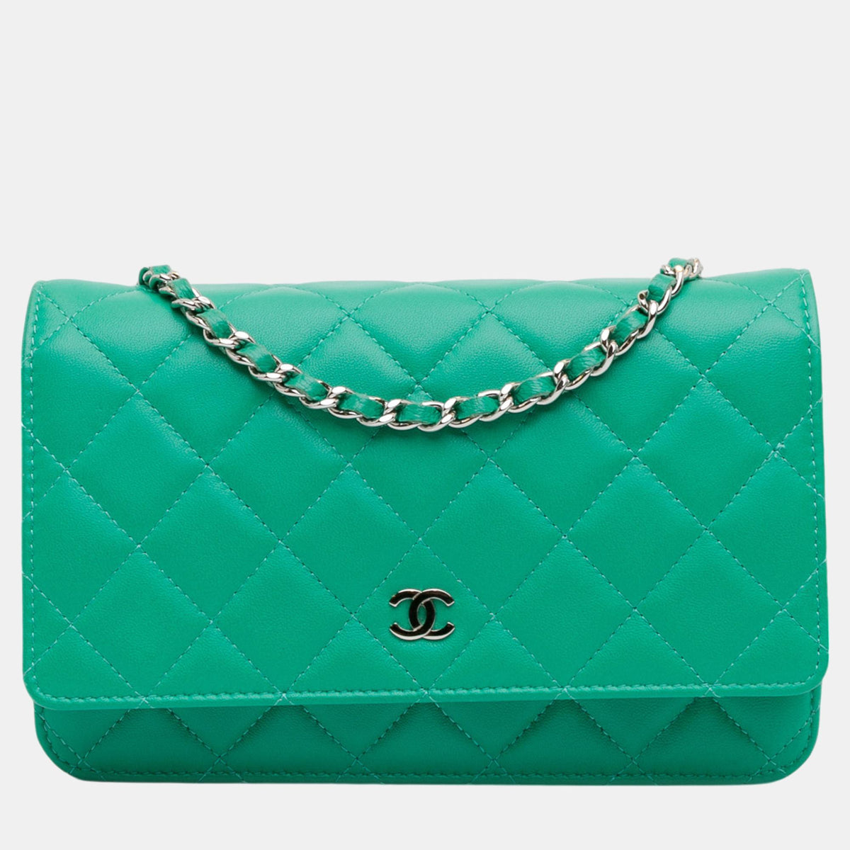 Chanel Green Lambskin Leather Classic Wallet on Chain