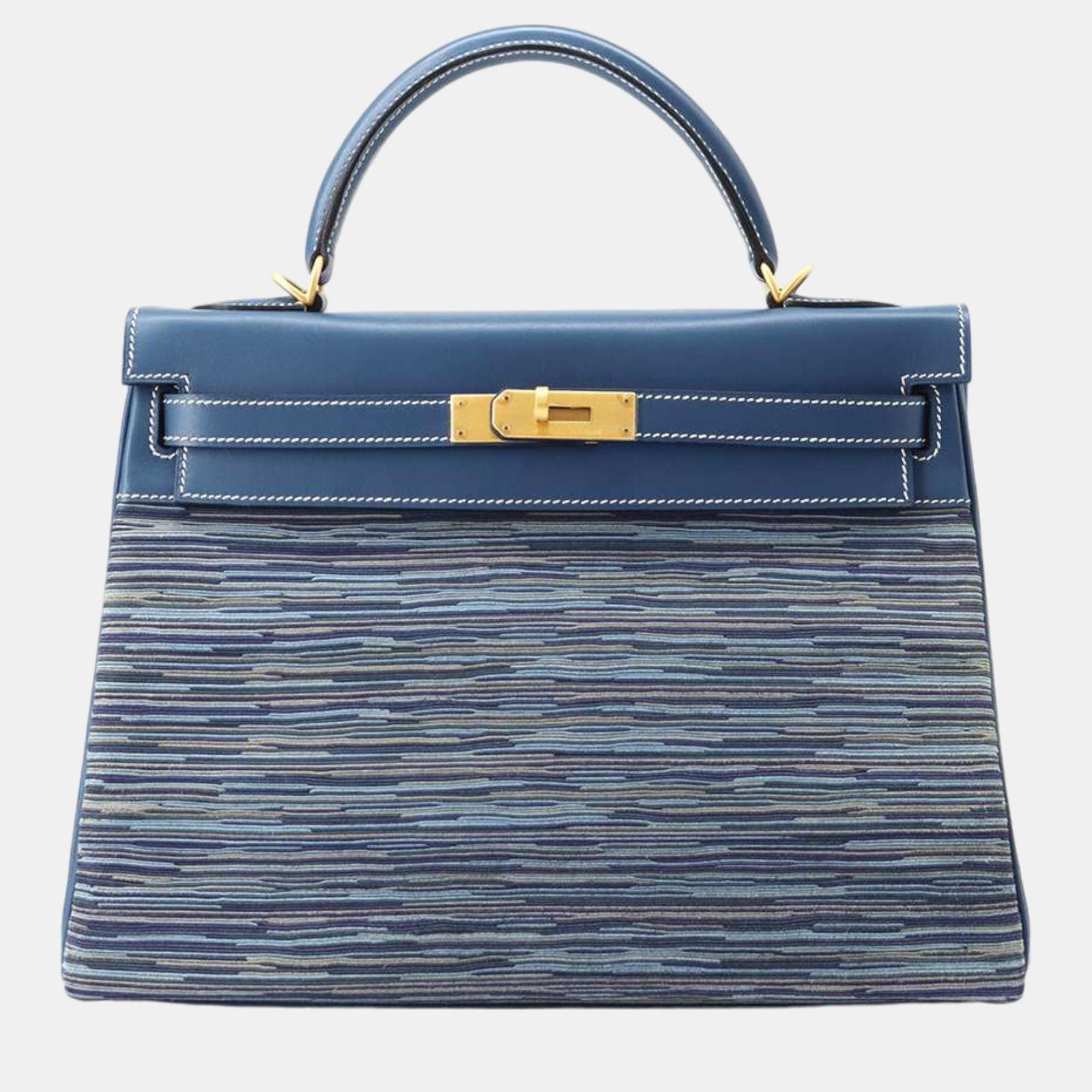 Herm?s Blue Thalassa Box Calf Leather Vibrato Kelly Retourne 32 Top Handle Bags