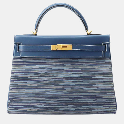 Blue Thalassa Box Calf Leather Vibrato Kelly Retourne 32 Top Handle Bags