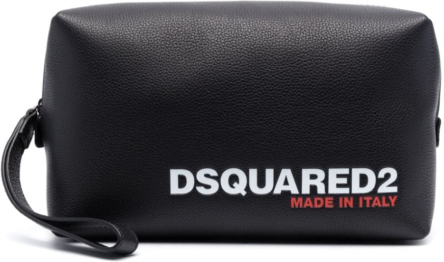 Dsquared2 Men's Logo Printed Calf Leather Wash Bag in Black | BYM005125103888