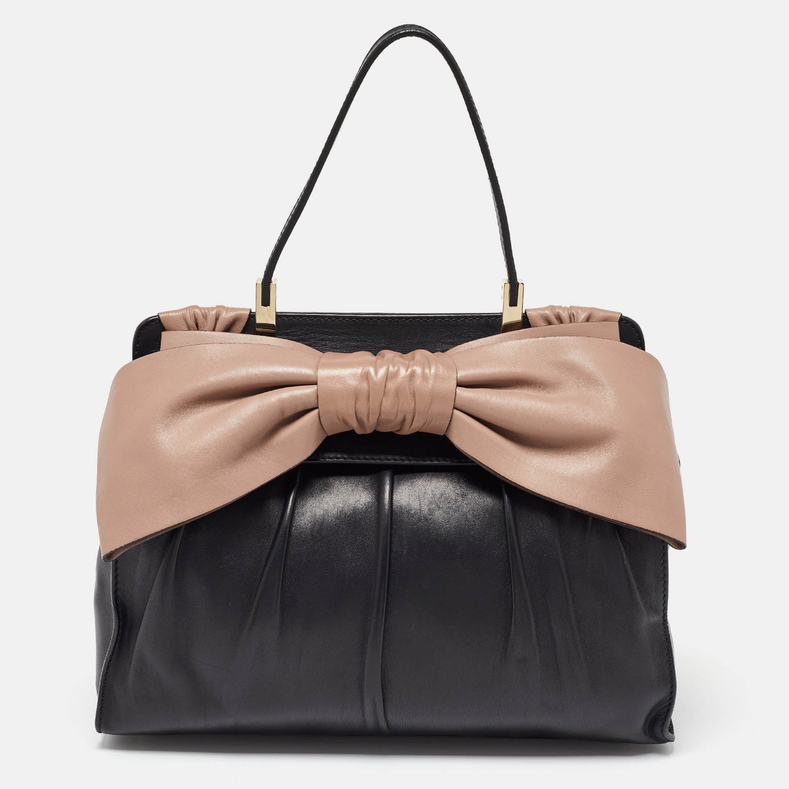 Valentino Black/Taupe Leather Aphrodite Bow Top Handle Bag