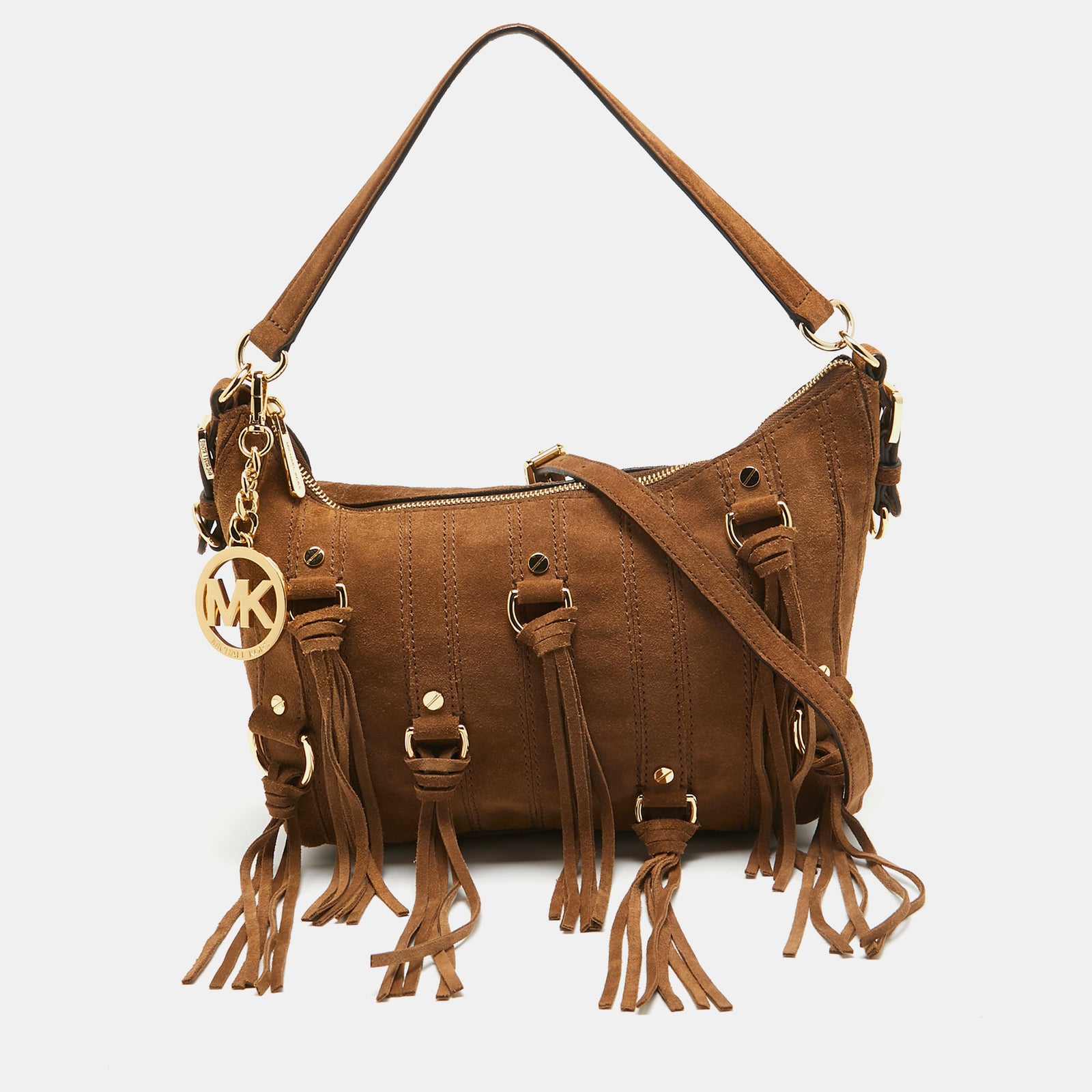 Michael Kors Brown Suede Fringe Presley Shoulder Bag