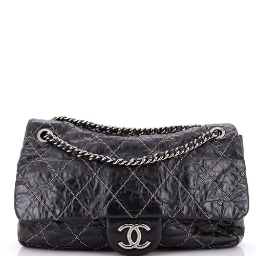 CHANEL Double Stitch Flap Bag Quilted Glazed Calfskin Large