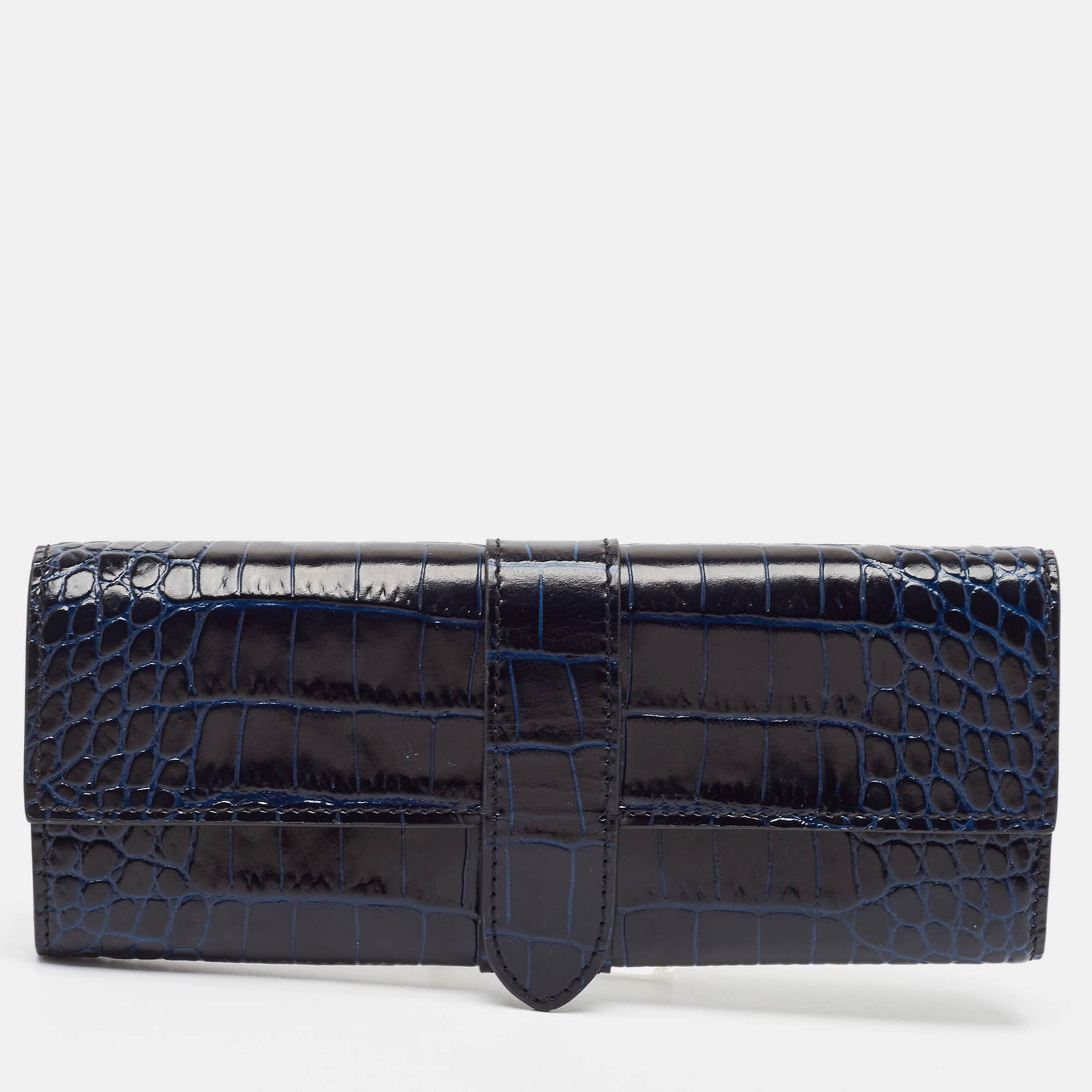 Smythson Mara Navy Blue Croc Embossed Leather Jewelry Roll