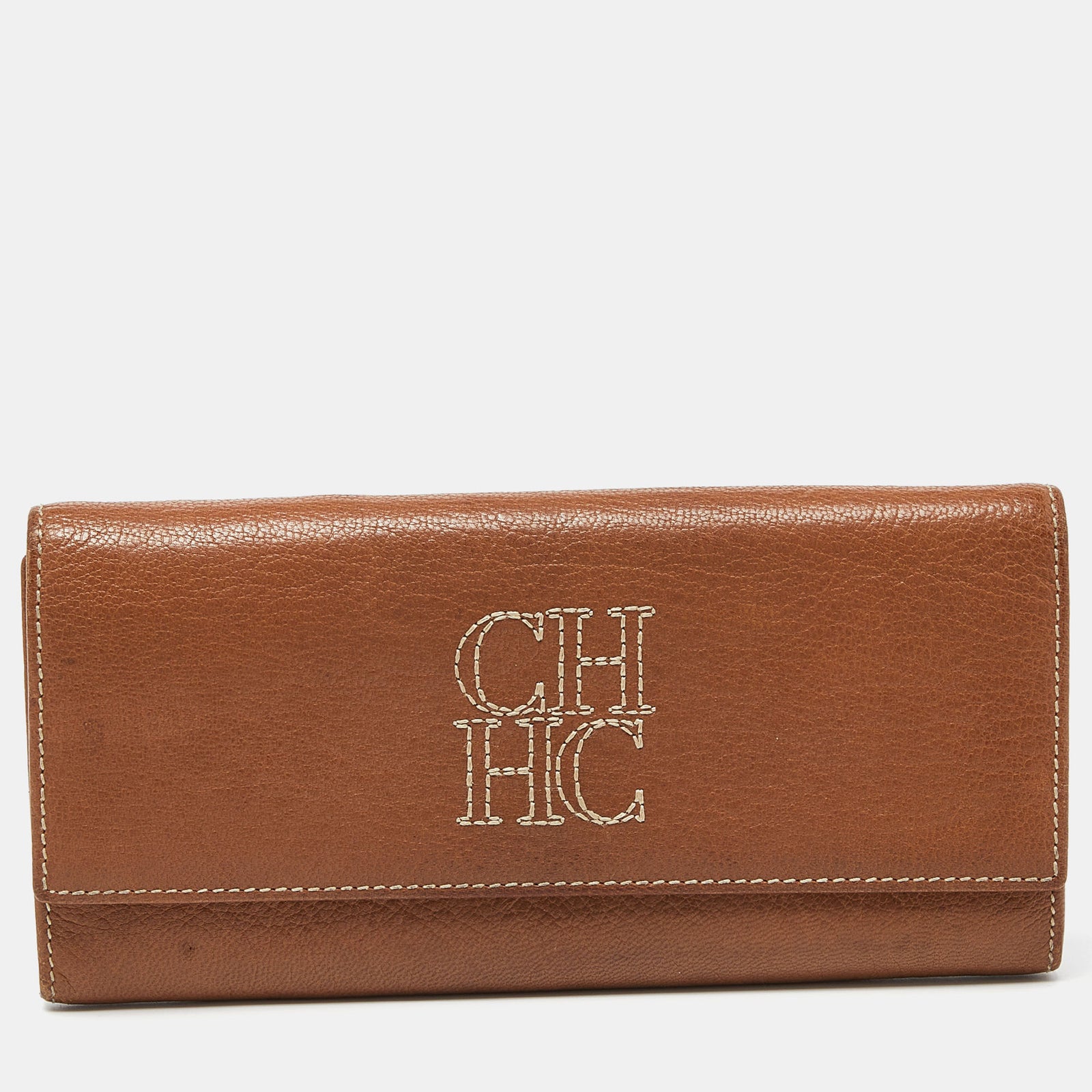 Ch Carolina Herrera Brown Leather Monogram Continental Wallet