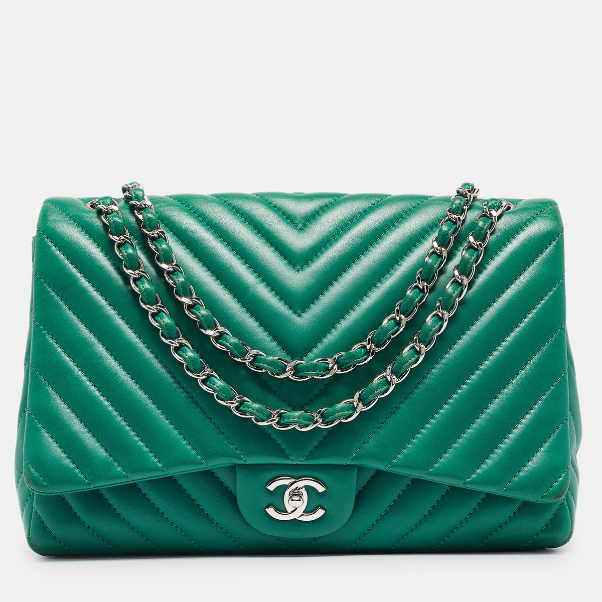 Chanel Green Chevron Leather Maxi Classic Single Flap Bag