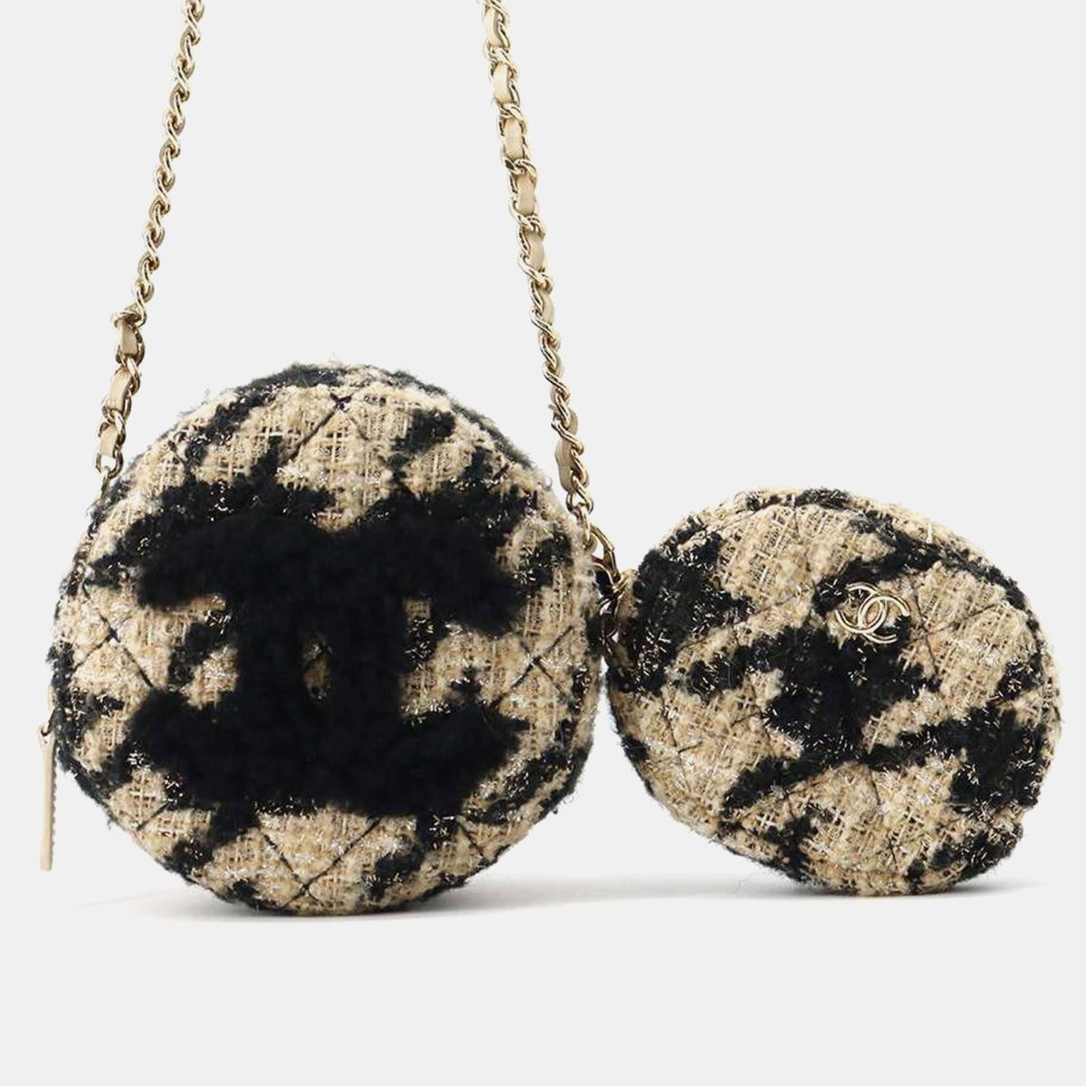 Chanel Beige Black Tweed Shearling Round Clutch With Chain and Coin Purse
