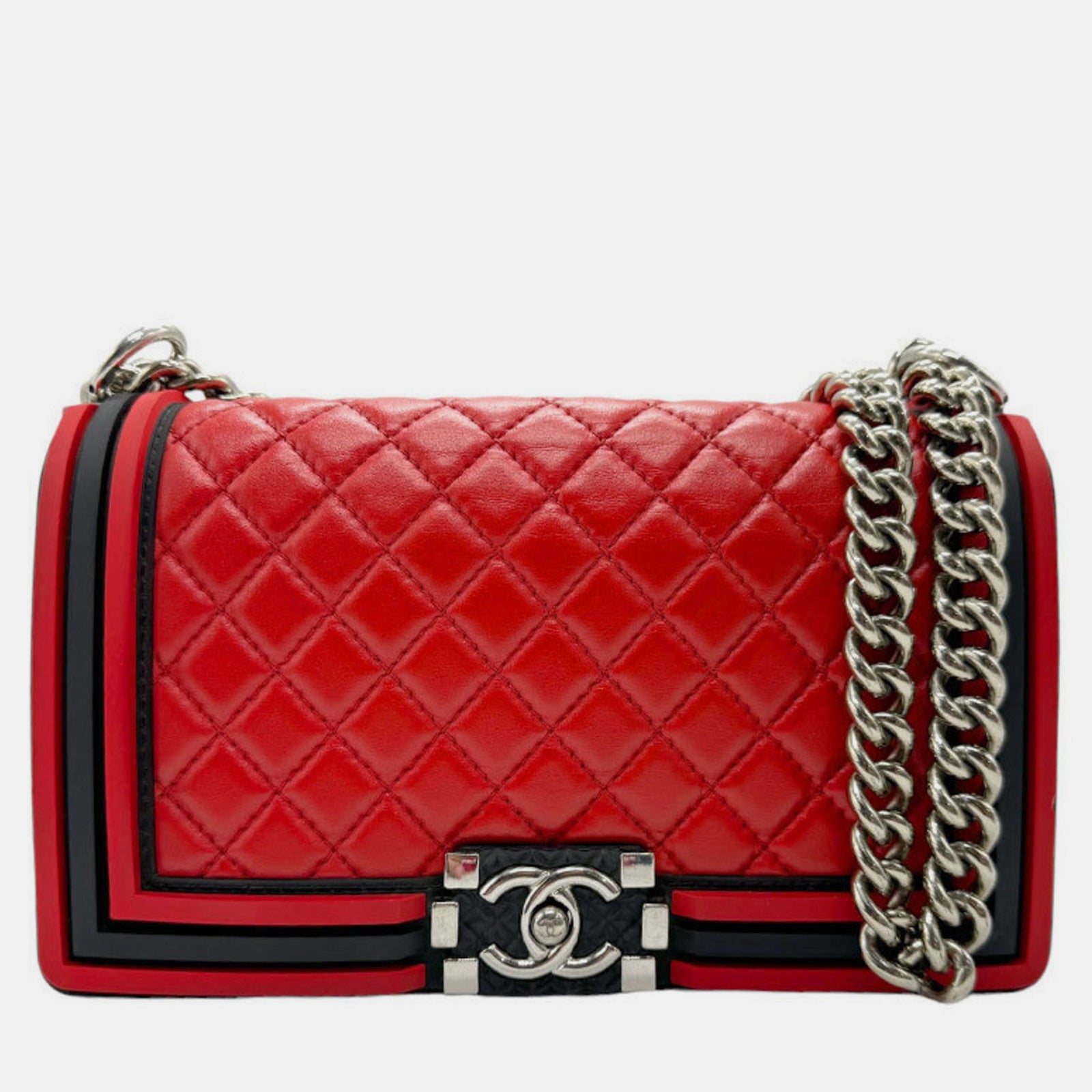 Chanel Rot Schwarz Silber Leder Gummi Boy Tasche