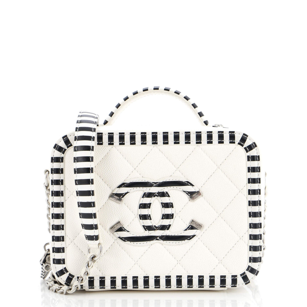 Chanel CHANEL Filigree Vanity Case Quilted Caviar with Striped Leather Small