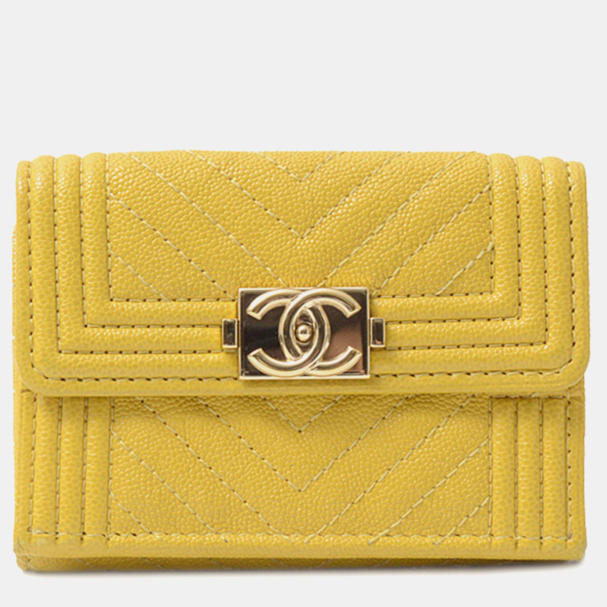 Chanel Yellow Chevron Caviar Small Boy Trifold Flap Wallet