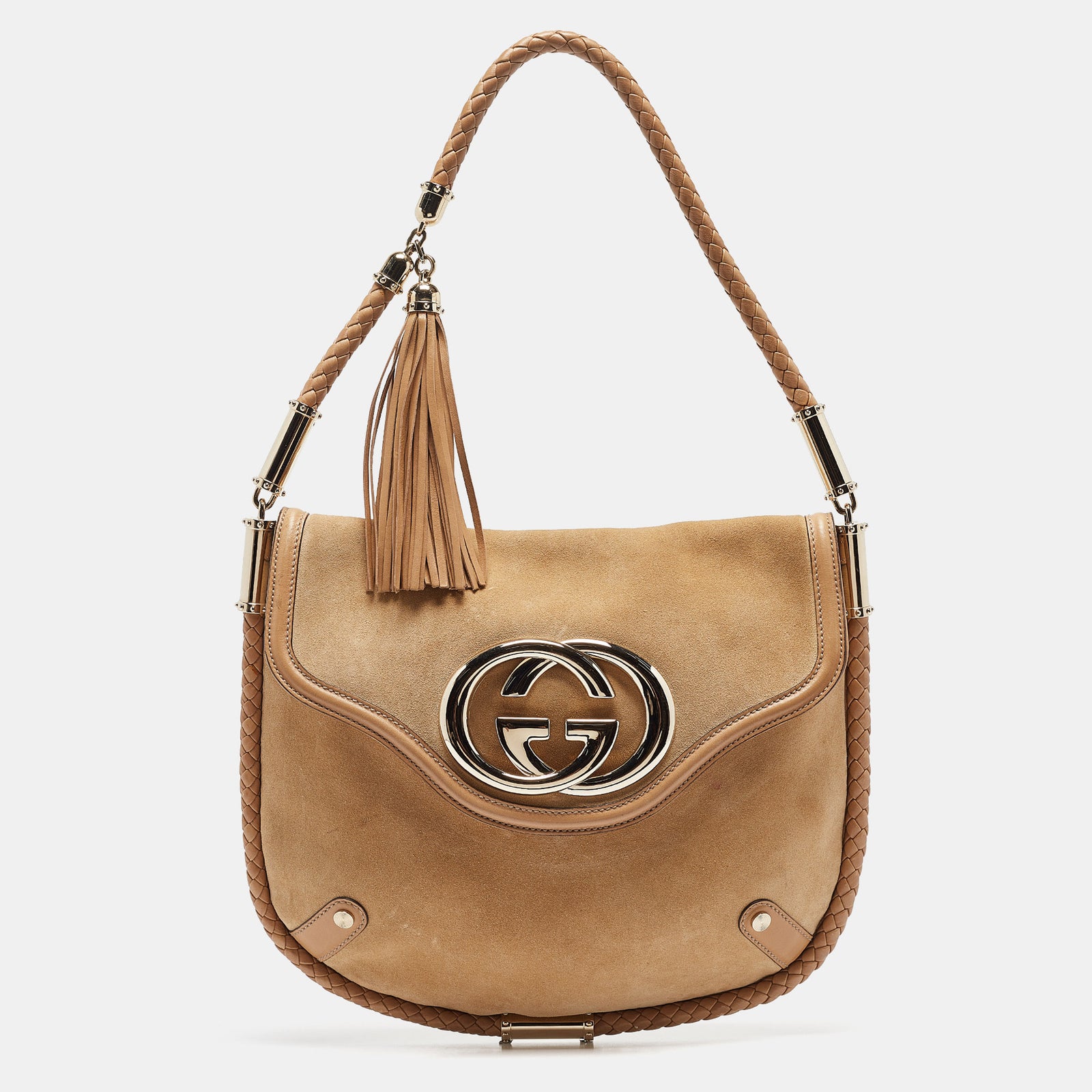 Gucci Sac hobo Britt à pampilles de taille moyenne en daim beige