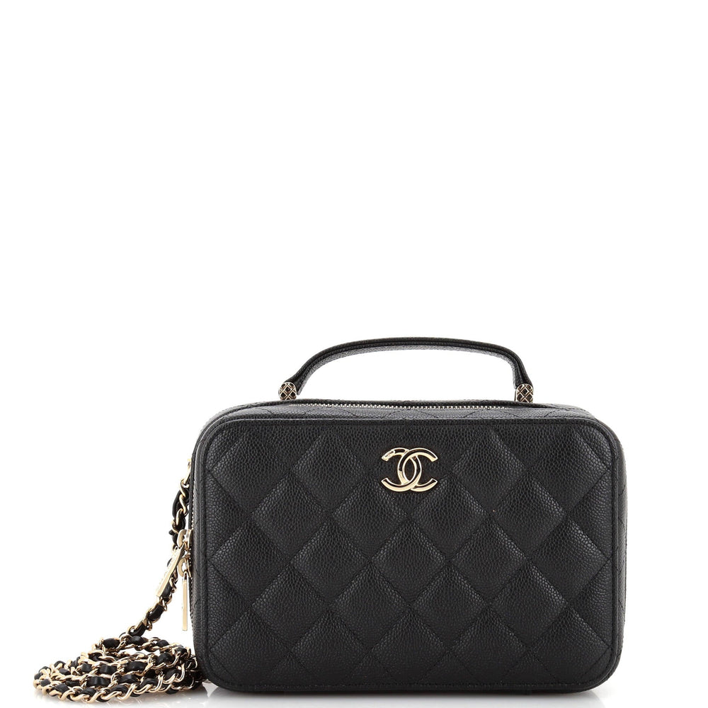 CHANEL CC Zip Around Top Handle Vanity Case with Chain Quilted Caviar Small