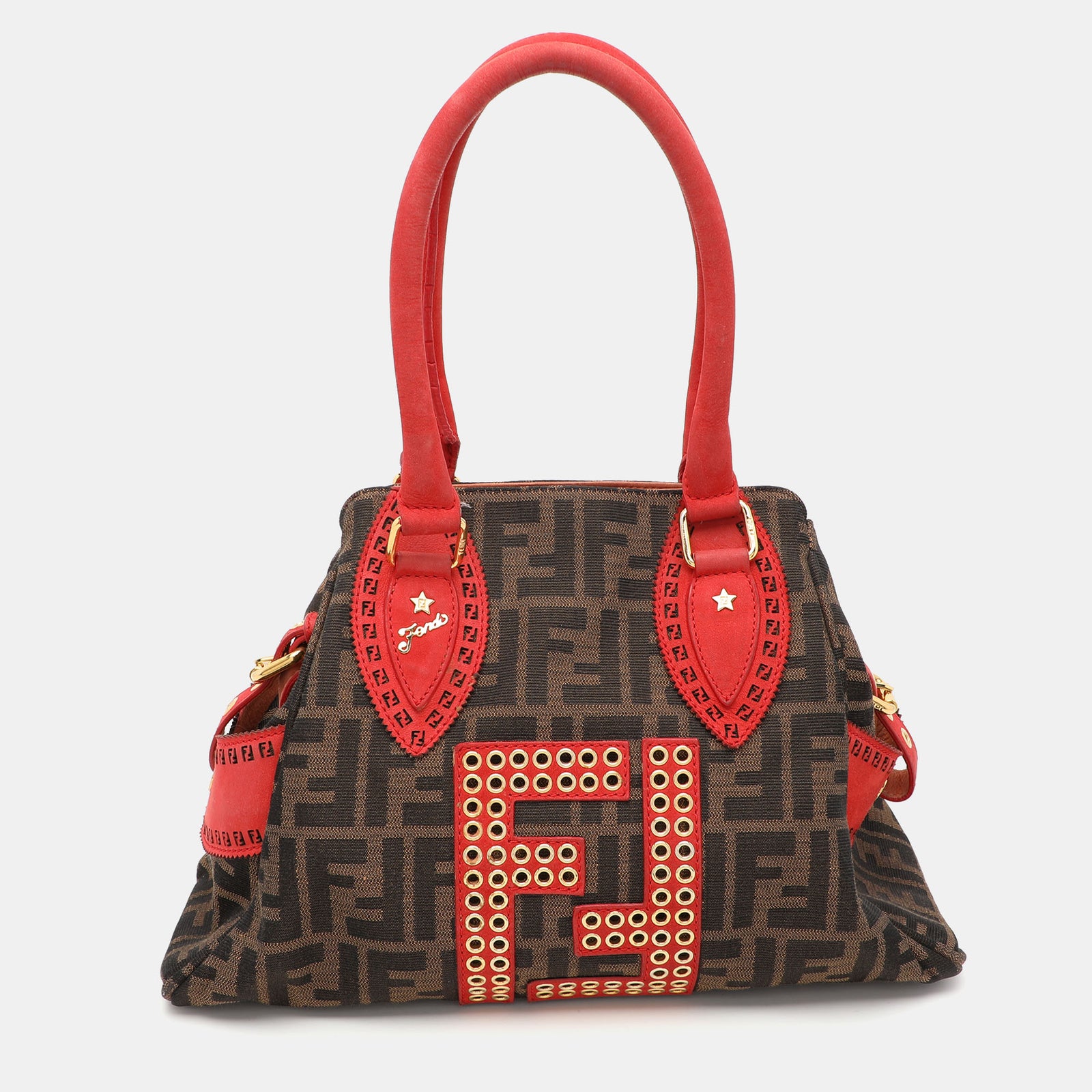 Fendi Brown/RedZucca Canvas and Nubuck Small Studded Chef De Jour Bag