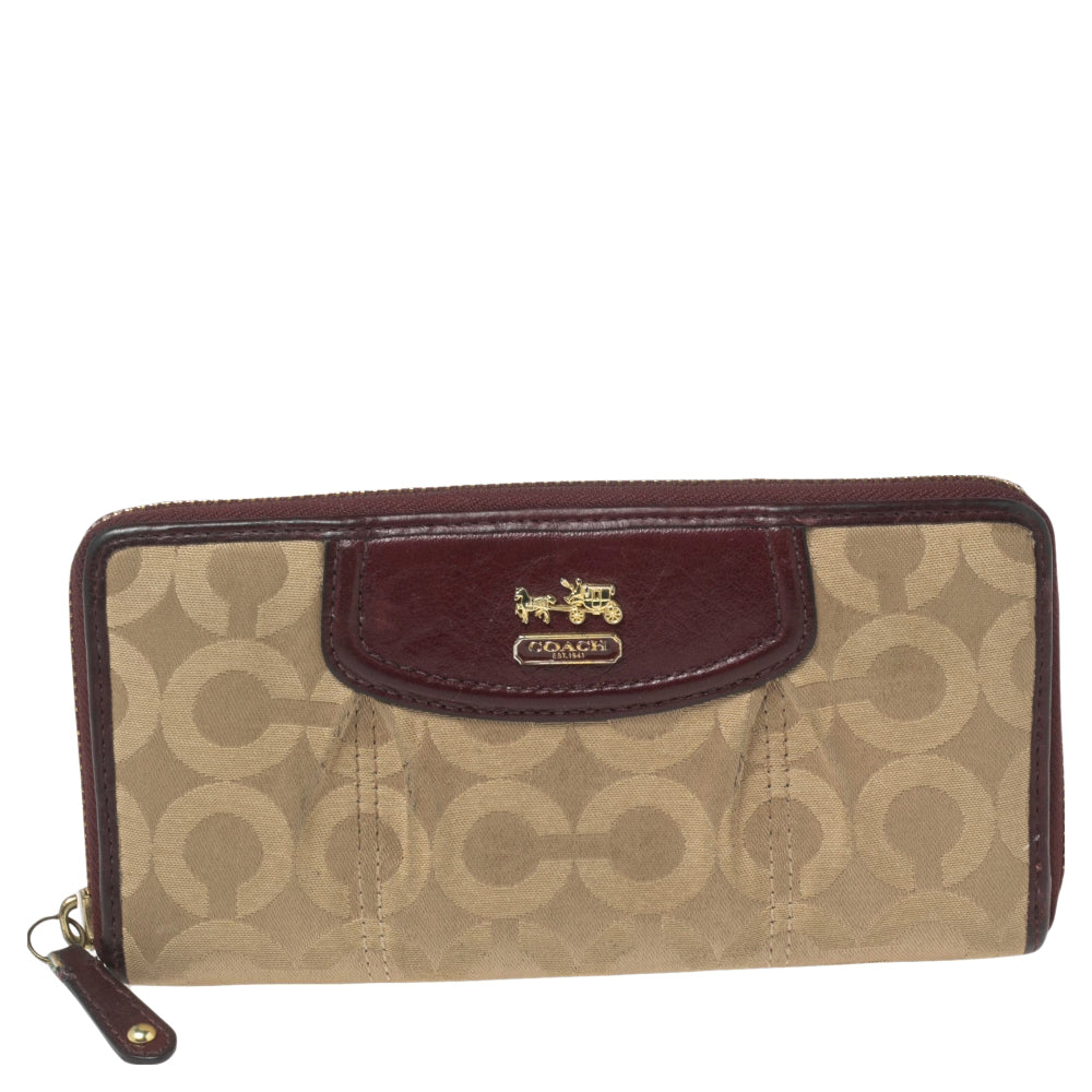 Coach Portefeuille continental Madison en tissu Op Art et cuir bordeaux/marron