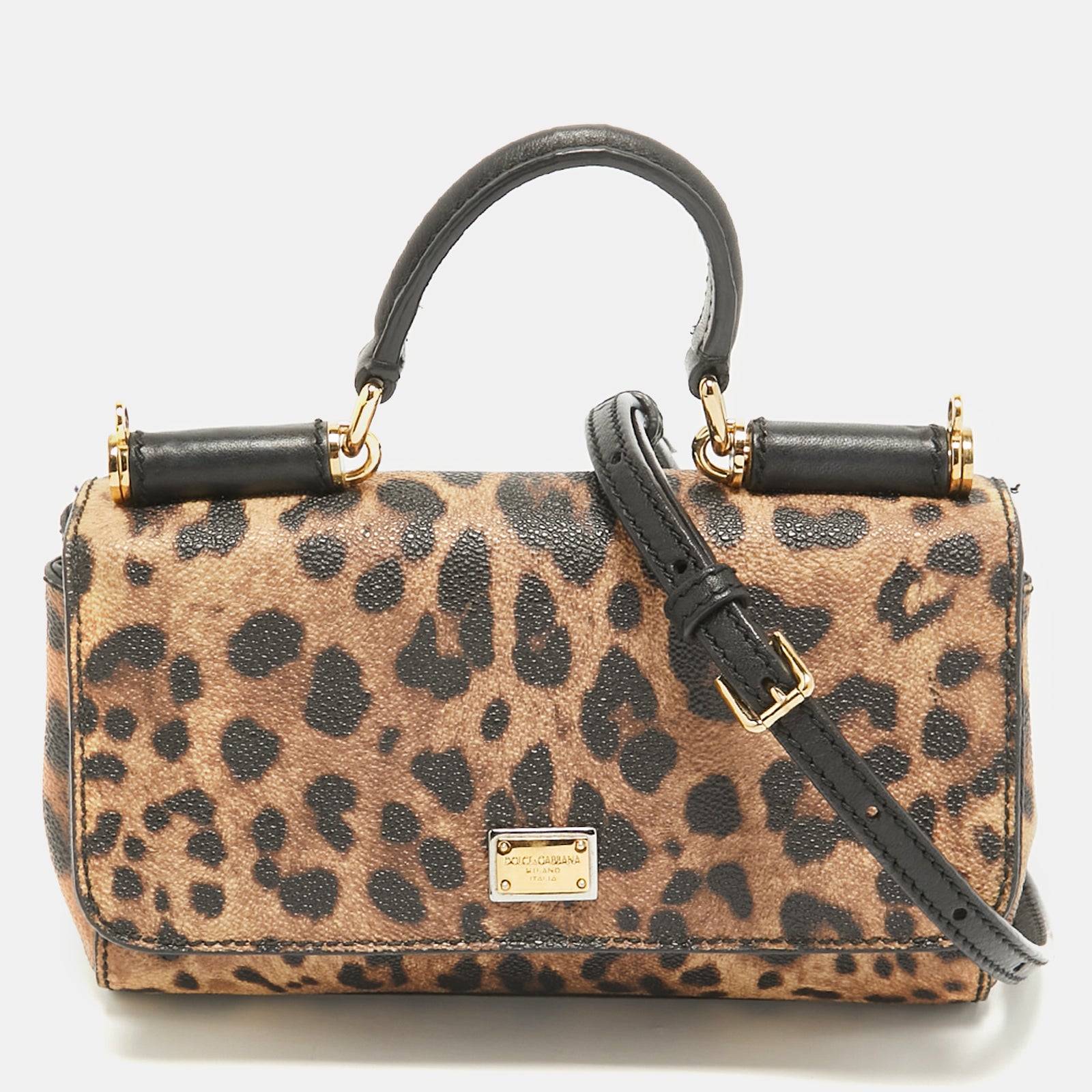 Dolce & Gabbana Mini-Tasche Miss Sicily aus beschichtetem Canvas und Leder mit Leopardenmuster in Schwarz/Braun