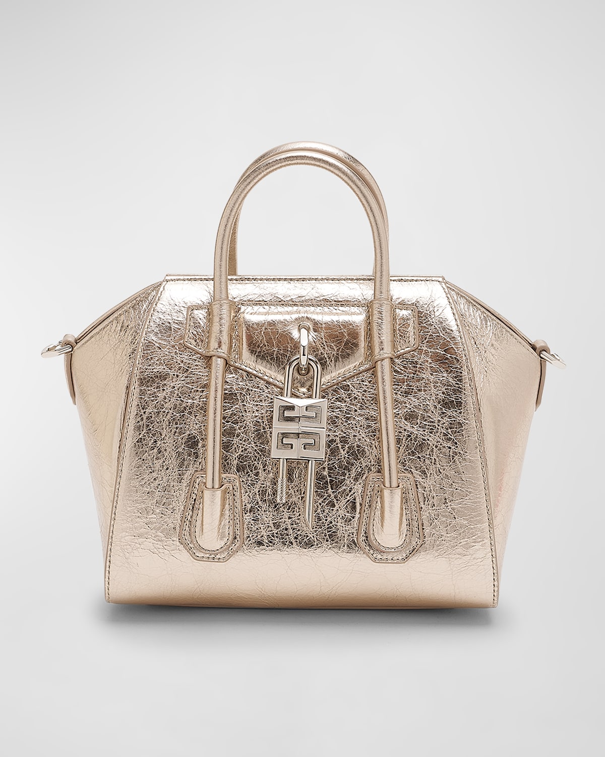 Givenchy Antigona Lock Mini-Tasche mit Griff oben aus laminiertem Metallic-Leder