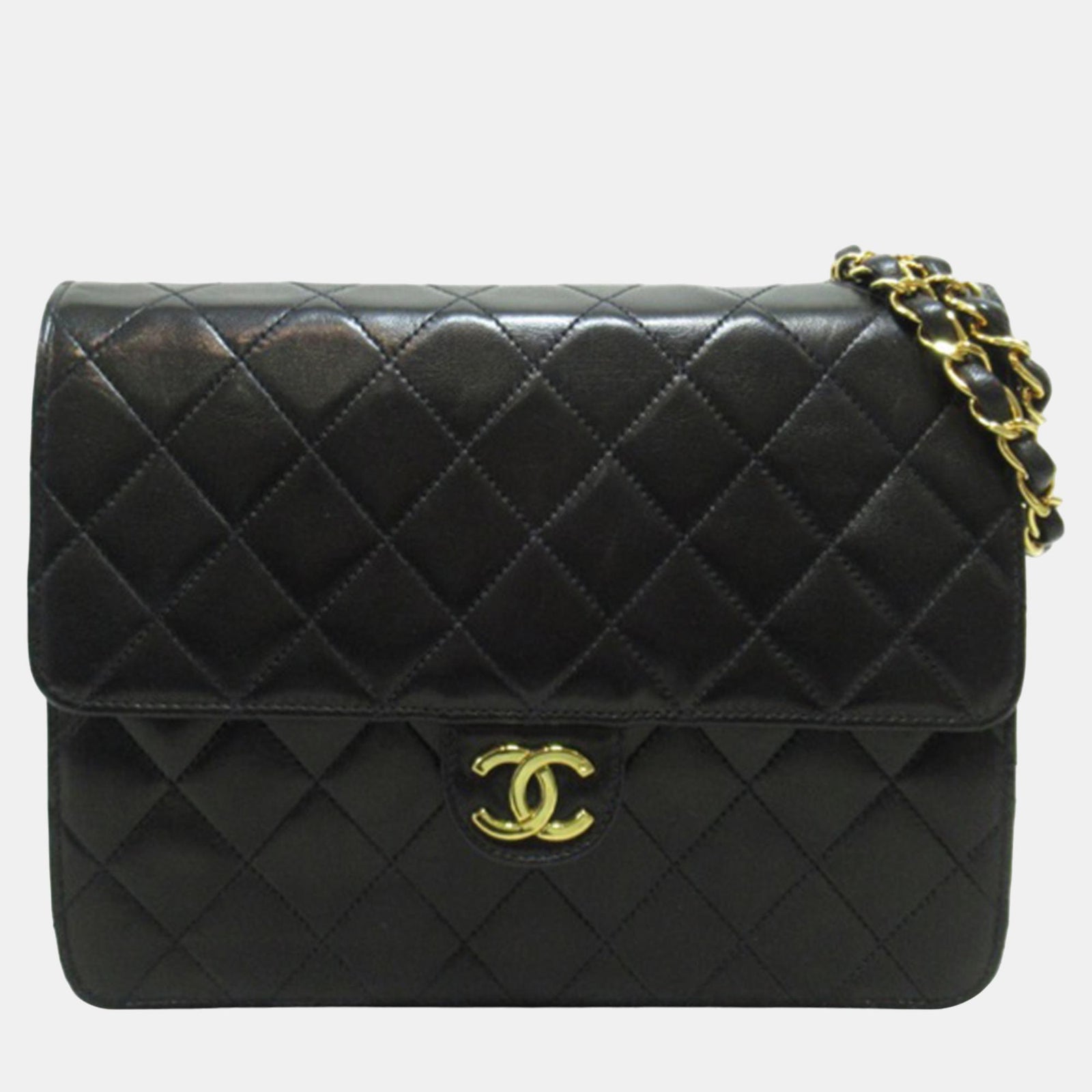 Chanel Schwarze CC-Kettenklappe aus gestepptem Lammleder