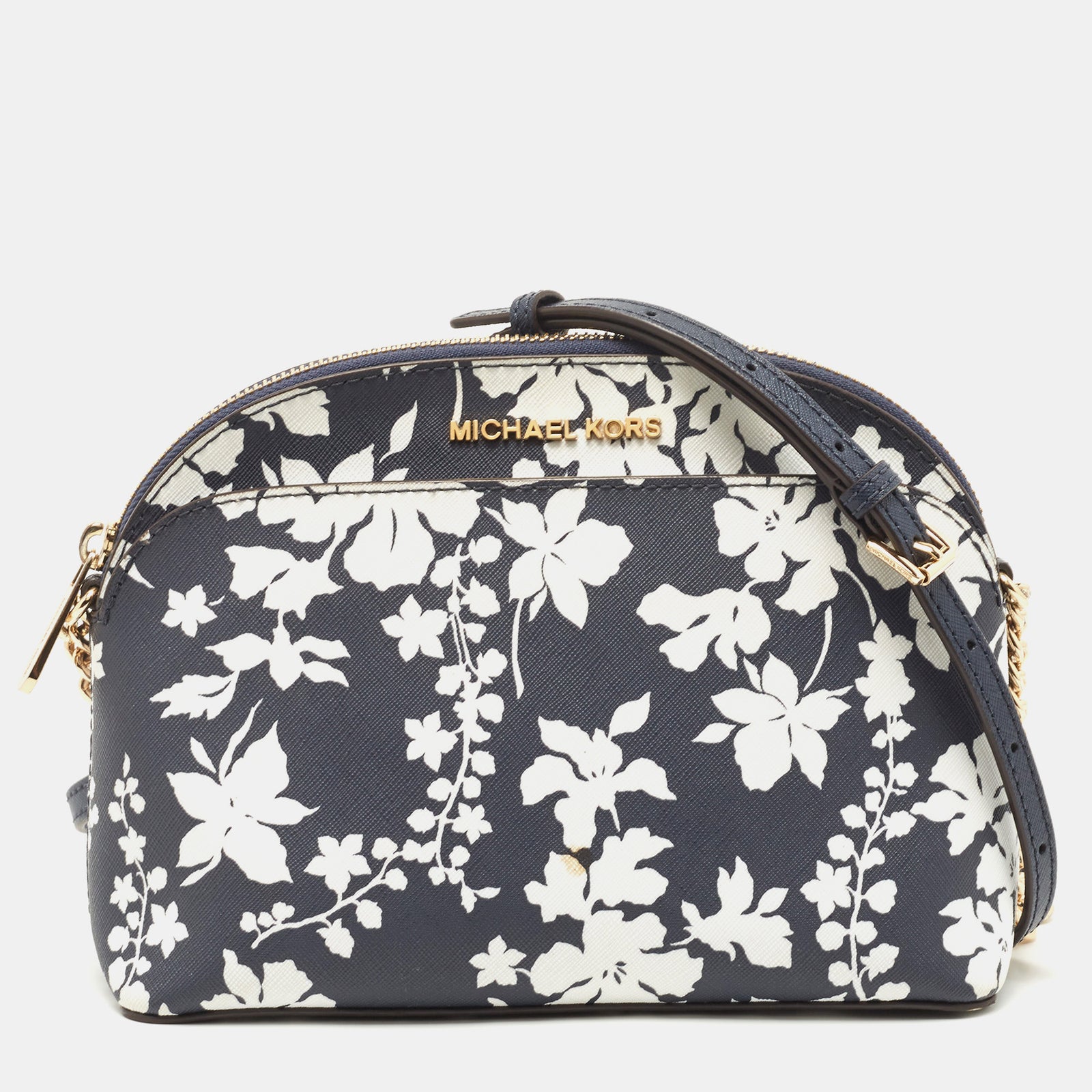 Michael Kors Navy Blue/White Leather Floral Dome Crossbody Bag