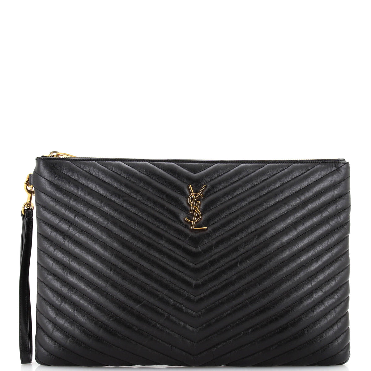 Saint Laurent Classic Monogram Wristlet Pouch Matelasse Chevron Leather Large