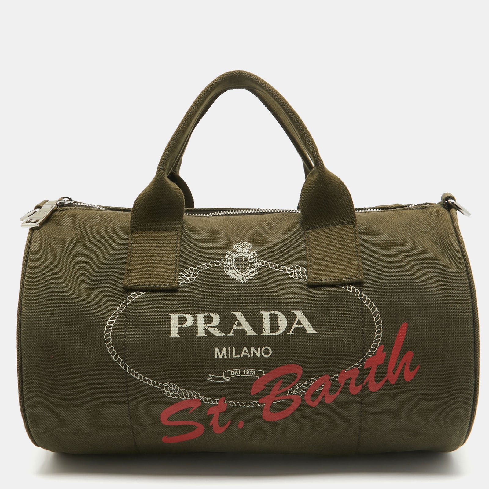 Prada Green Logo Jacquard Canvas Boston Bag