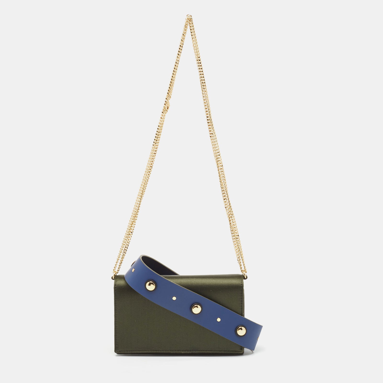 Diane Von Furstenberg Olive Green Satin and Leather Flap Chain Bag