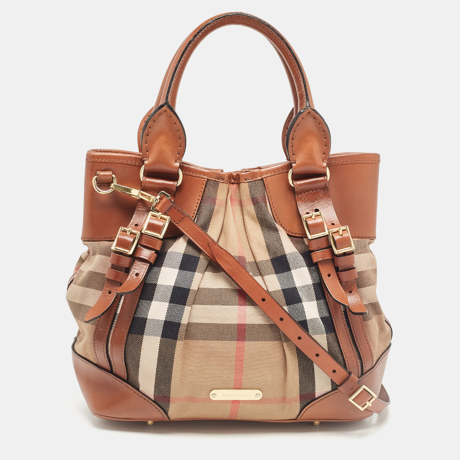 Burberry Brown House Check Fabric and Leather Bridle Tote