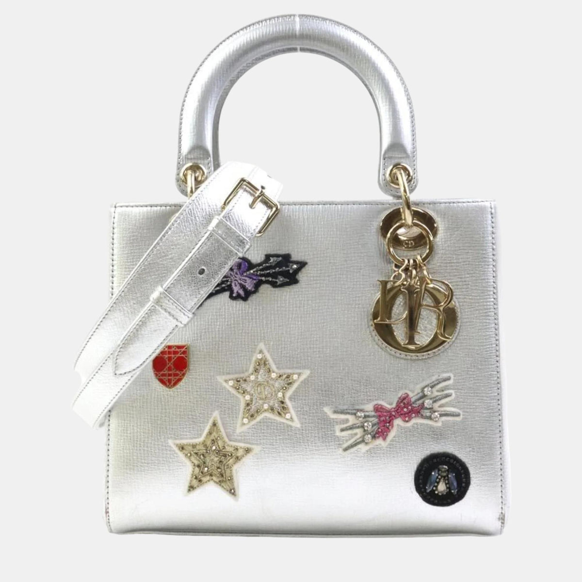 Dior Metallic Silver Leather Medium Lady Tote Bag