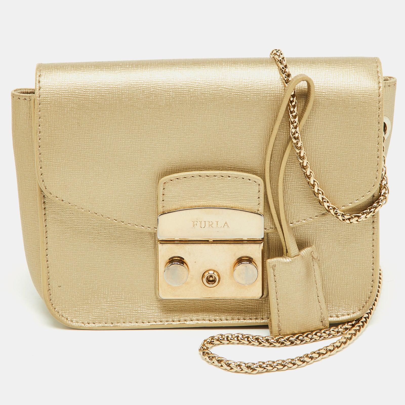 Furla Gold Leather Mini Metropolis Chain Crossbody Bag