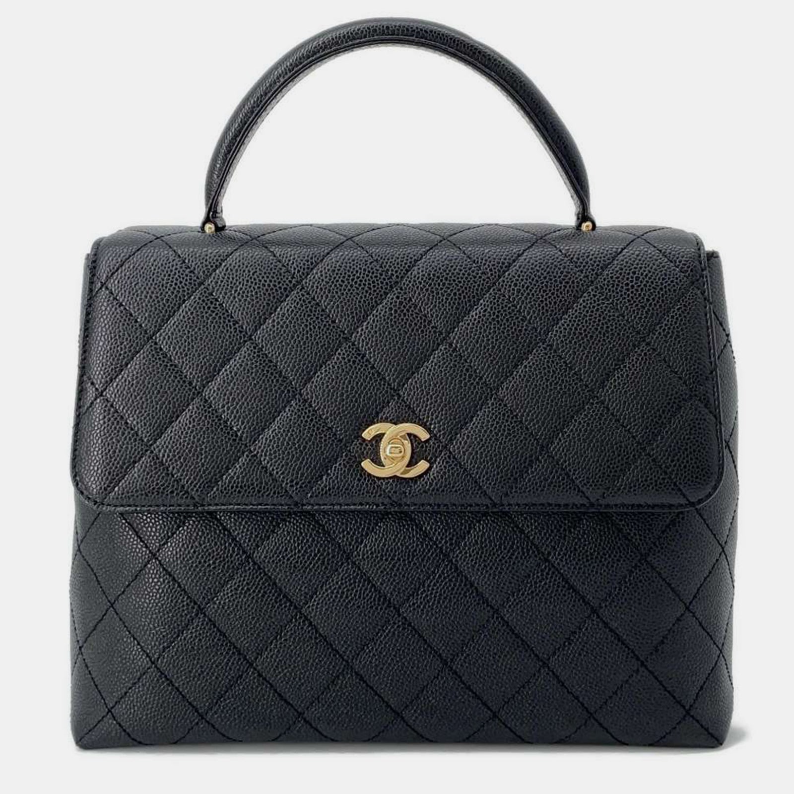 Chanel Schwarze Matelassé-Handtasche aus Kaviarleder mit Griff oben