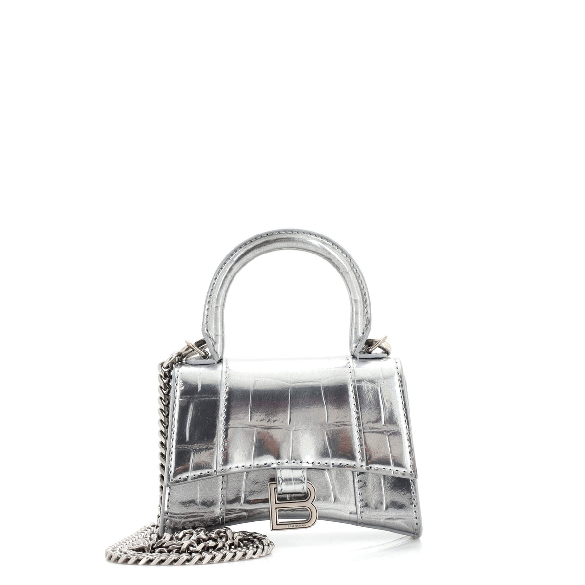 Balenciaga Hourglass Chain Top Handle Bag Crocodile Embossed Leather Mini