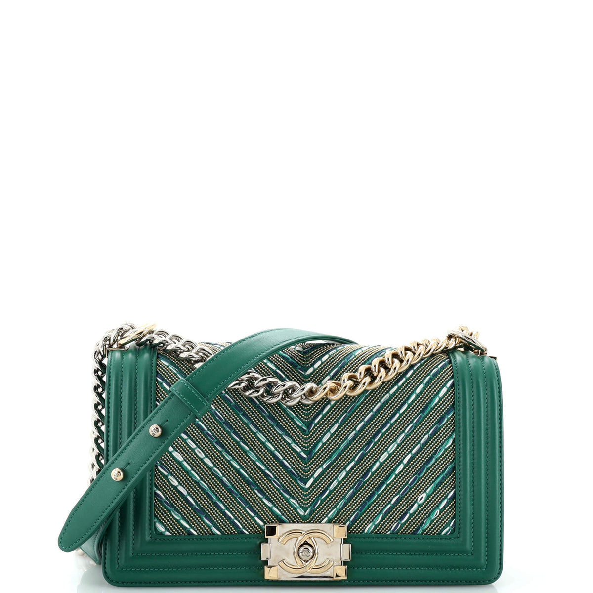 Chanel CHANEL Boy Flap Bag Studded Chevron Calfskin with Tweed Old Medium